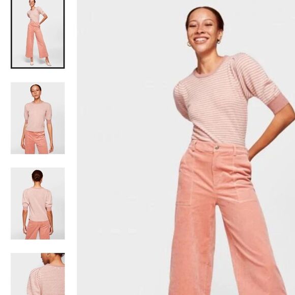 White + Warren 100% Cashmere Puff Sleeve Striped Crewneck Soft Pink White Size M - Picture 1 of 8